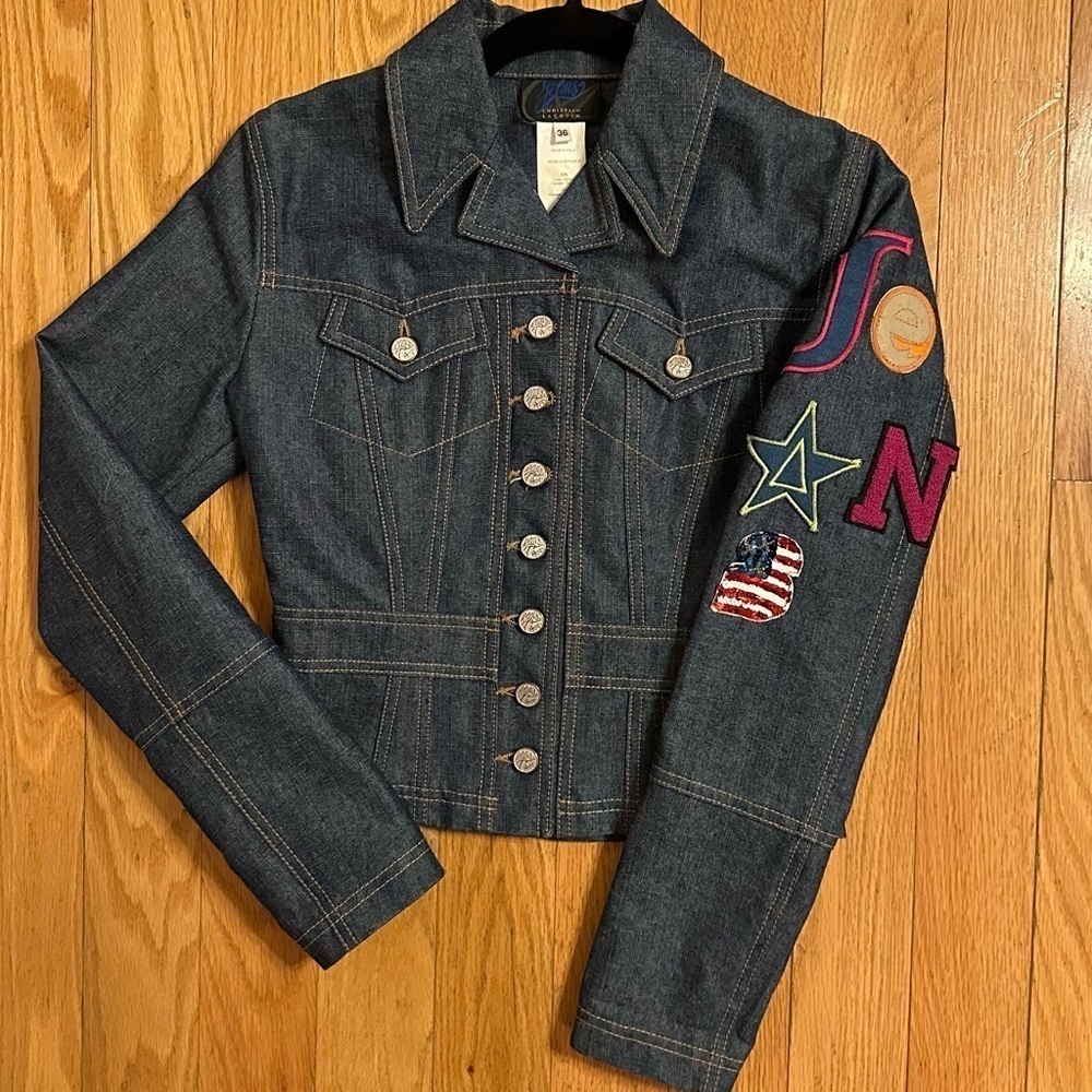 Y2K Christian Lacroix Jean Denim Jacket Patches Sleeve Italy fun colorful Sz 2